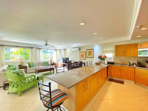 Palm Beach 211 Barbados Beachfront Vacation Condo Rental Open Plan Living Room and Kitchen