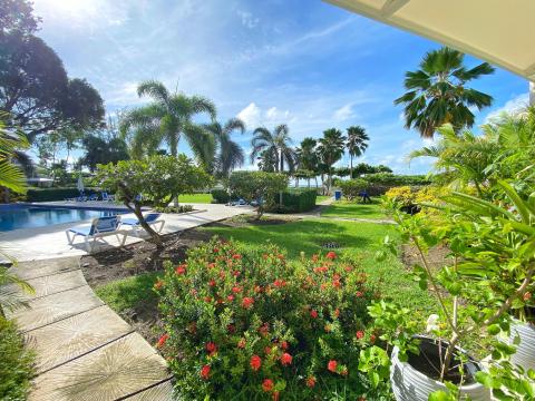 Palm Beach 211 Barbados Beachfront Vacation Condo Rental View from Patio of Gardens and Pool