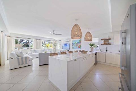 Palm Beach 204 Barbados Beachfront Condo Rental Kitchen and Living Room