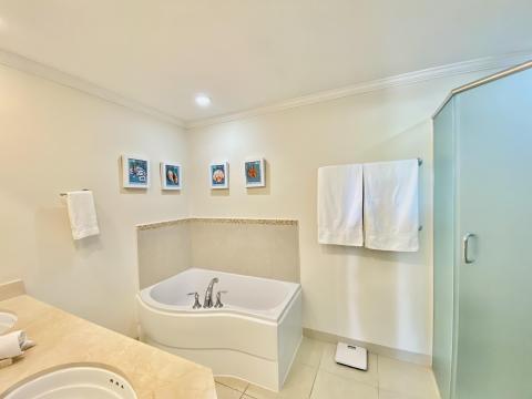Palm Beach 211 Barbados Beachfront Vacation Condo Rental Primary Bathroom with Shower and Tub