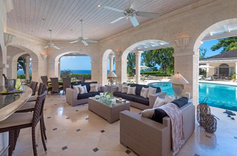 Westfield Villa Barbados Luxury Holiday Rental Covered Outdoor Living Room with Seating and Wet Bar