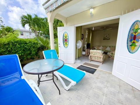 Heywoods 145 Barbados Vacation Rental Apartment Outside Patio with Lounge Chairs
