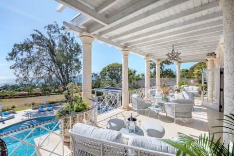 Westfield Villa Barbados Luxury Holiday Rental Master Bedroom Patio with Pool and Ocean View