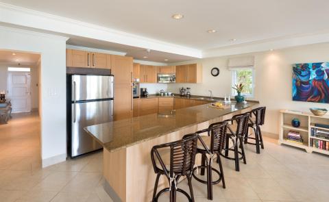 A sleek, fully equipped kitchen with stainless steel appliances, granite countertops, and a breakfast bar with elegant high stools at Palm Beach 101.
