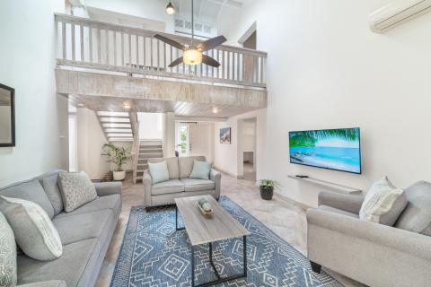 149 Salters Road Barbados Holiday Rental Sandy Lane Barbados Living Room and TV with Stairs View