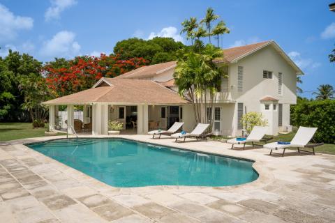 149 Salters Road Barbados Holiday Rental Sandy Lane Barbados Pool Deck and Pool Loungers In Garden