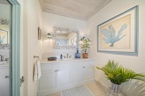 Image of the vanity area in the bathroom at Seascape, Barbados: A luxurious bathroom vanity adorned with a shell-themed mirror, modern fixtures, and vibrant green plants, creating a relaxing and inviting ambiance ideal for guests at this Barbados rental villa.