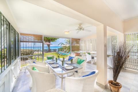 Barbados Beachfront Vacation Rental Villa Seawards Covered Patio and Seating